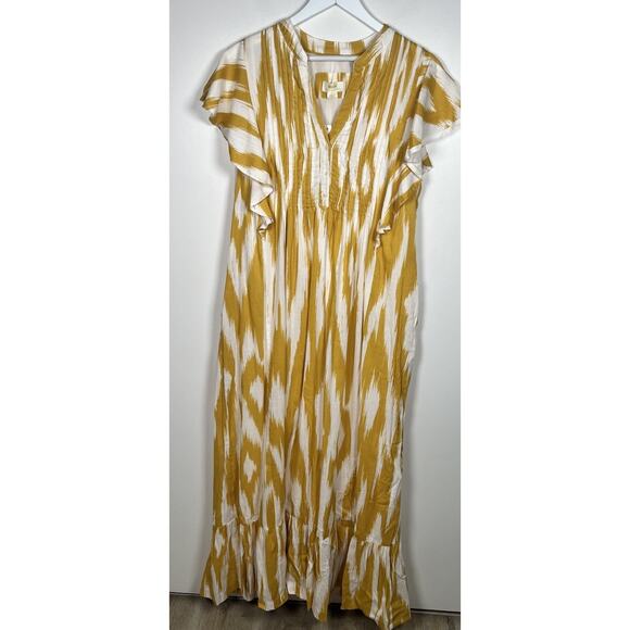 Anthropologie Maeve Cassandra Pintuck Yellow Flutter Sleeve Maxi Dress Medium - Picture 2 of 11